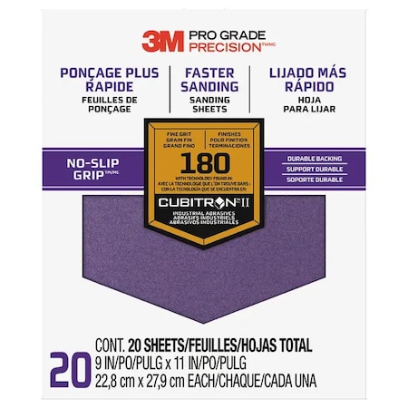 3M 9"x11" Pro Grade Precision No-Slip Grip Sanding Sheet 180-Grit, PK 20 27180 Tri-20